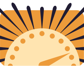 An orange speedometer with the hand angled to the far right in front of a sunburst illustration