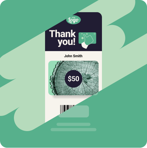 A branded communication with 'Your Logo' featuring $50 green and white gift card sent to 'John Smith' with a thank you message