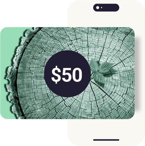 A $50 green and white gift card overlaid over a white cellphone offset to the right