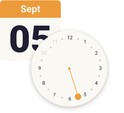 White clock with an orange hour hand set to 5:30 in front of a calendar icon marked September 5th