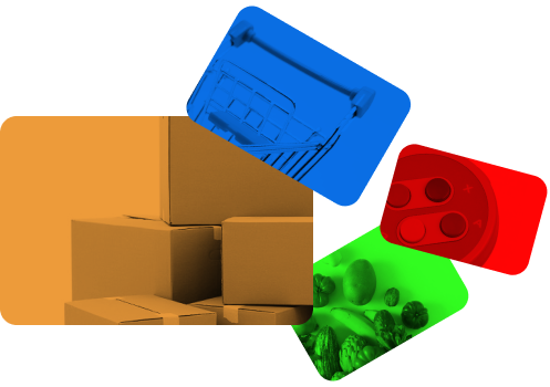 Four gift cards scattered, an orange card with stacked cardboard boxes, blue card with a shopping card, green card with a cluster of fruits and vegetables, and a red gift card with a video game controller